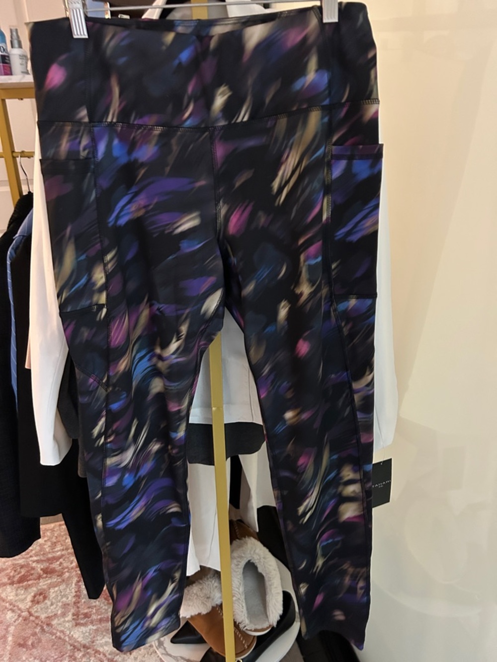 Layer 8 Black Work Out Leggings with Purple & Blue Brushstroke Accents